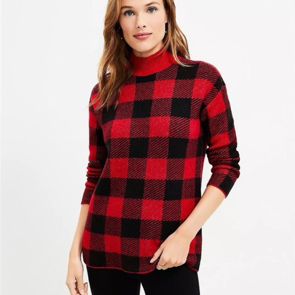LOFT Red and Black Buffalo Check Plaid Mock Turtleneck Holiday Cozy Sweater EUC